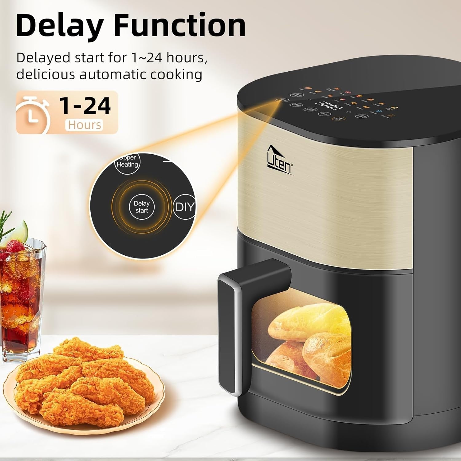 Dual Blaze Air Fryer 5.5L Gold Visual Window 14 Presets Color Screen Fast - Kwikley