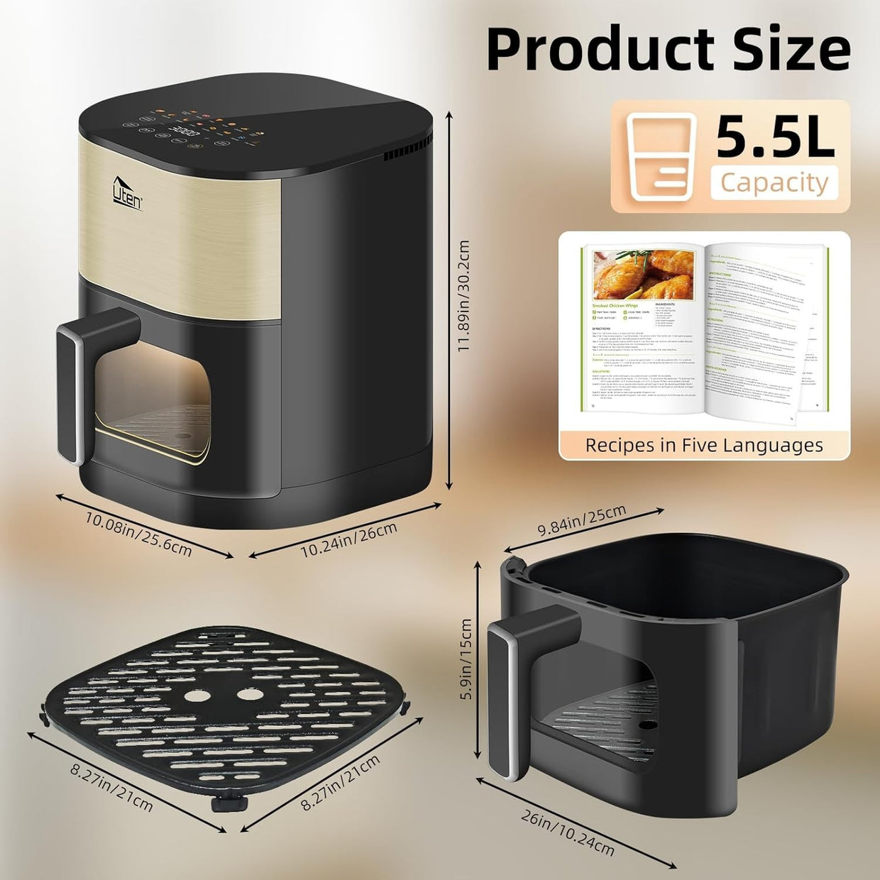Dual Blaze Air Fryer 5.5L Gold Visual Window 14 Presets Color Screen Fast - Kwikley