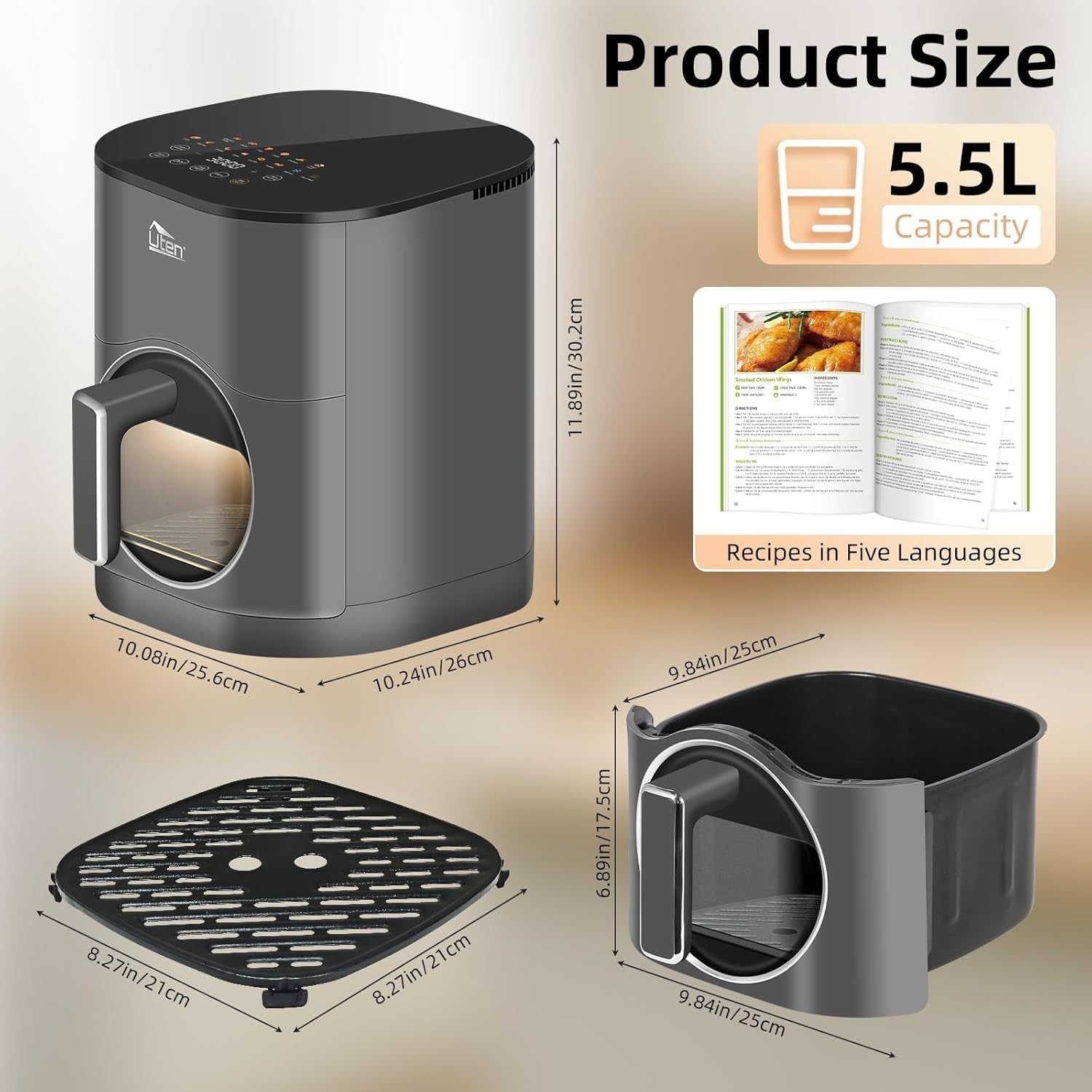 Dual Blaze Air Fryer 5.5L Grey Visual Window 14 Presets Color Screen Fast Cookin - Kwikley