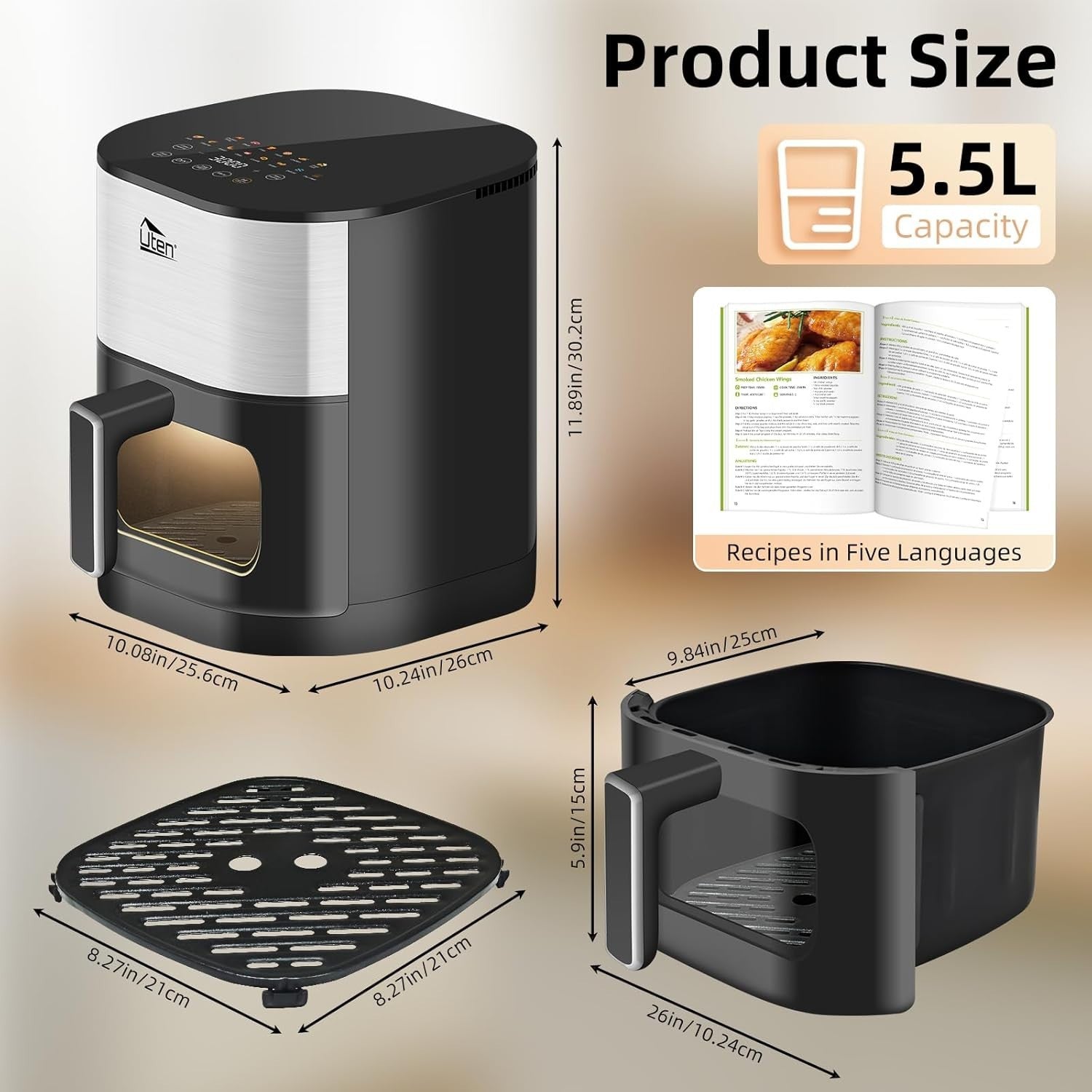 Dual Blaze Air Fryer 5.5L Silver Visual Window 14 Presets Colour Screen Fast - Kwikley