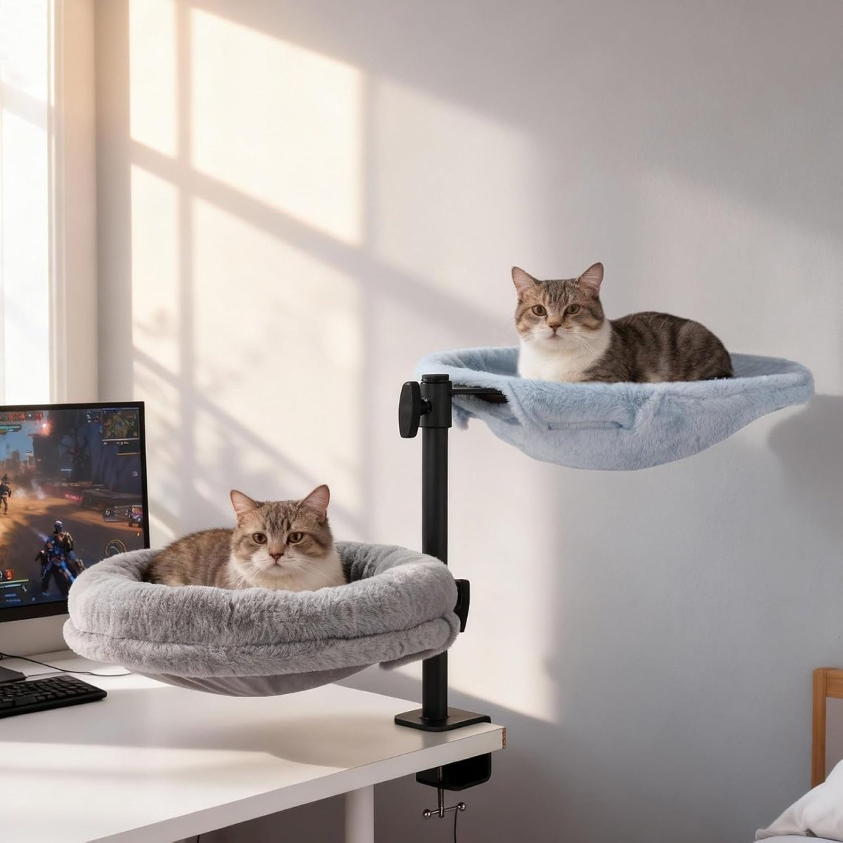 Dual Desk Cat Bed Rotating Cat Hammock for 2 Cats Adjustable Perch - Kwikley