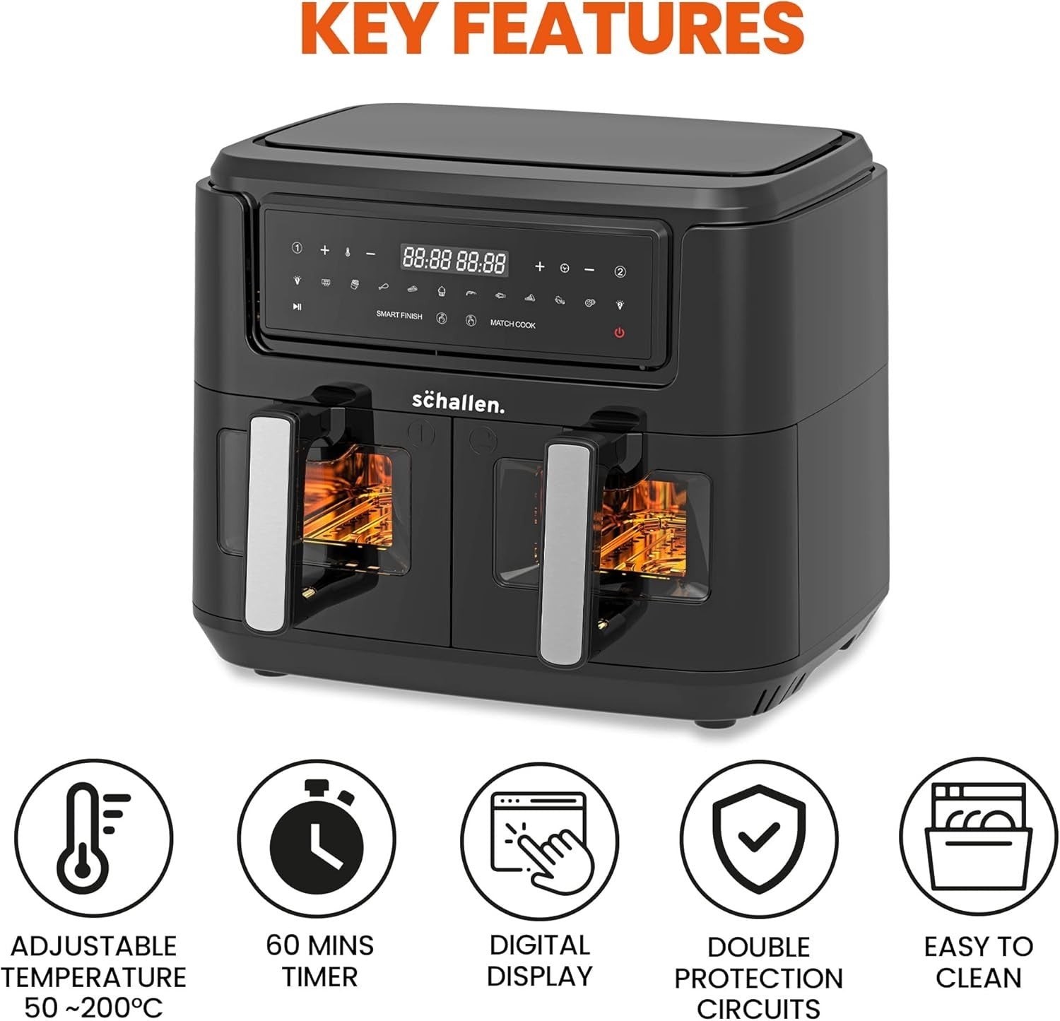 Dual Drawer Air Fryer 9L Digital 10 Presets Twin Baskets 60min Low Fat - Kwikley