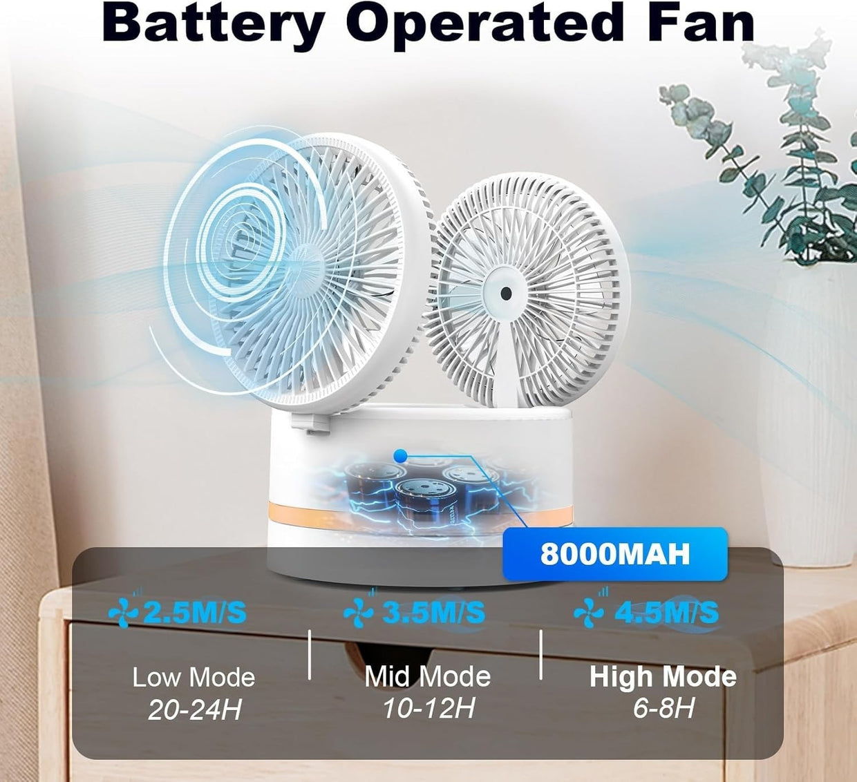 Dual - Sided Rechargeable Fan – Quiet 3 - Speed USB Table Fan w/ Remote & Timer - Kwikley