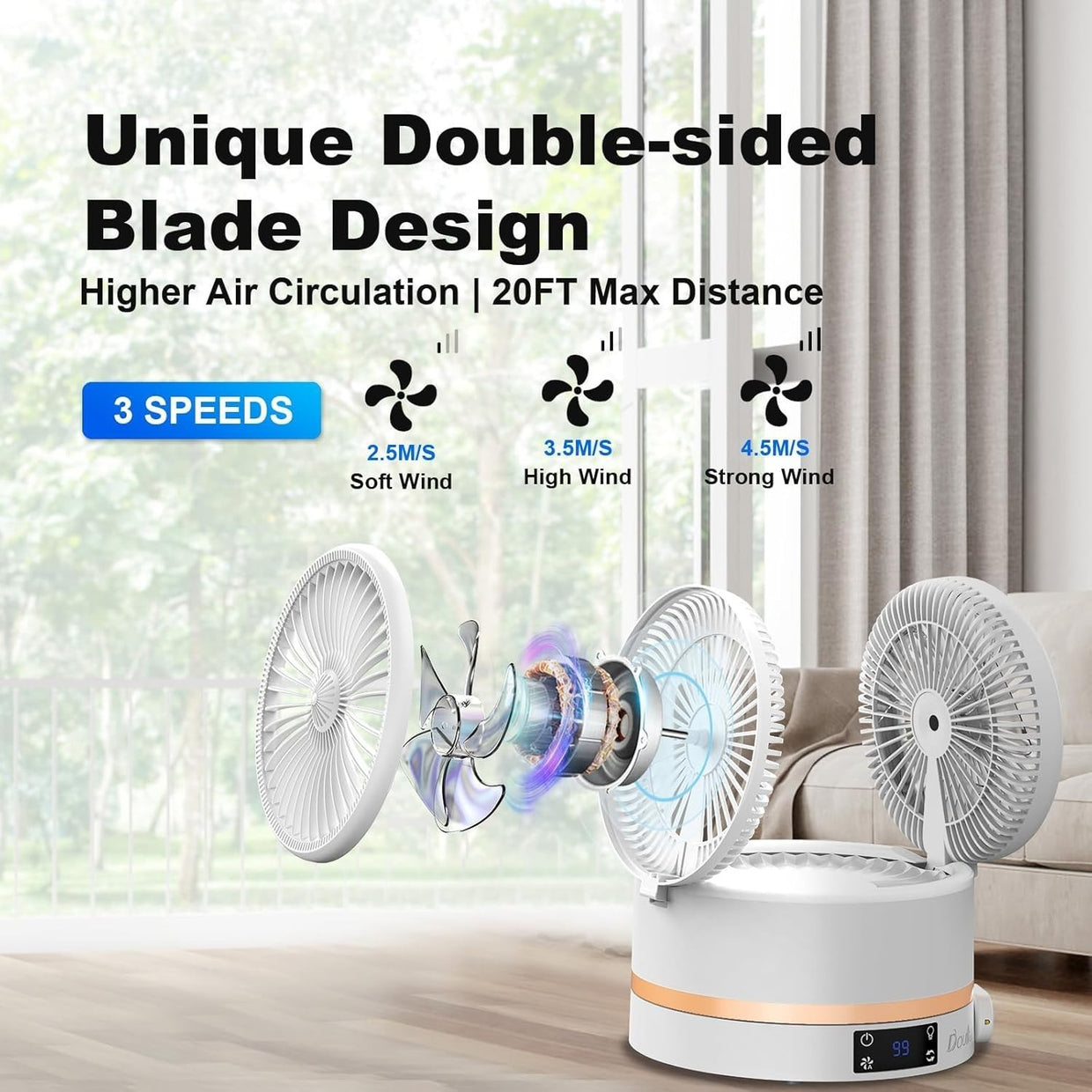 Dual - Sided Rechargeable Fan – Quiet 3 - Speed USB Table Fan w/ Remote & Timer - Kwikley