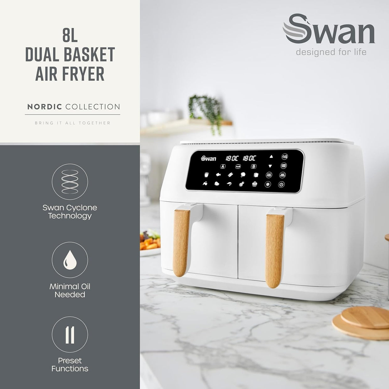 Dual Zone Air Fryer 8L | 13 Presets Fast Healthy Cooking Cyclone Tech White - Kwikley