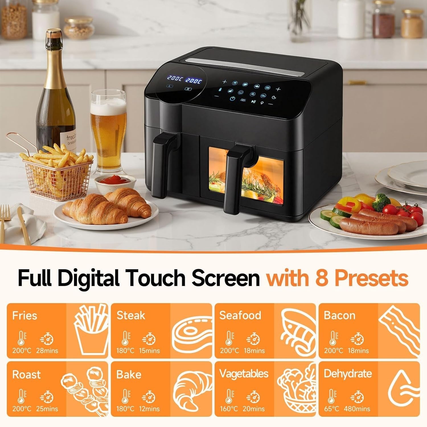 Dual Zone Air Fryer 9.5L | 2 Drawers, Visual Window, 8 - in - 1, RapidAir, 2400W - Kwikley