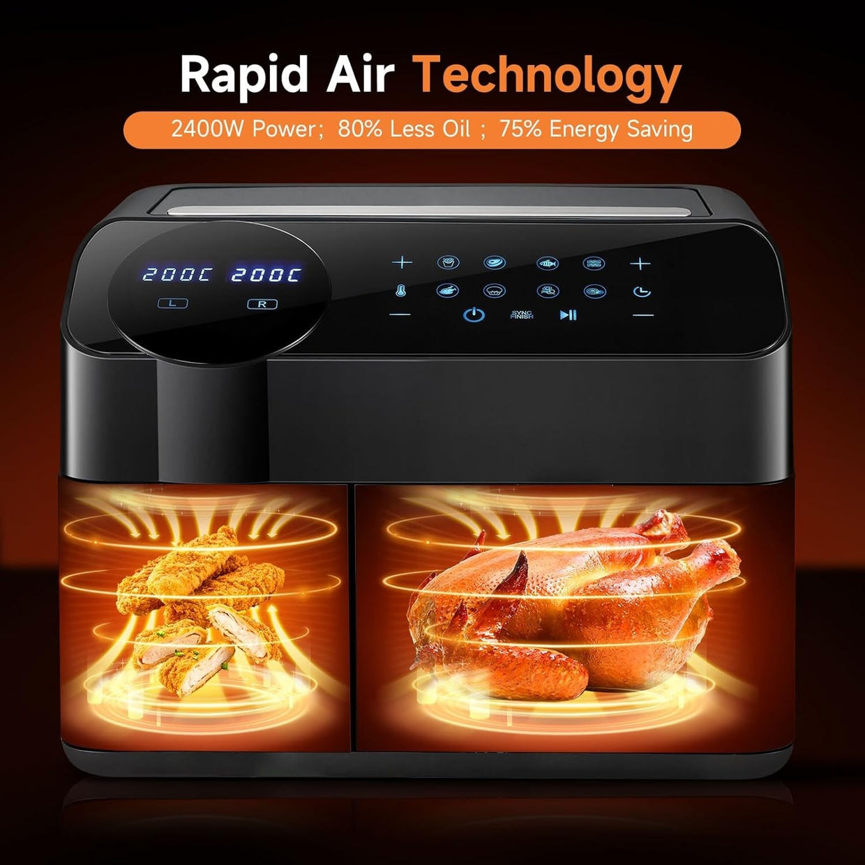 Dual Zone Air Fryer 9.5L | 2 Drawers, Visual Window, 8 - in - 1, RapidAir, 2400W - Kwikley