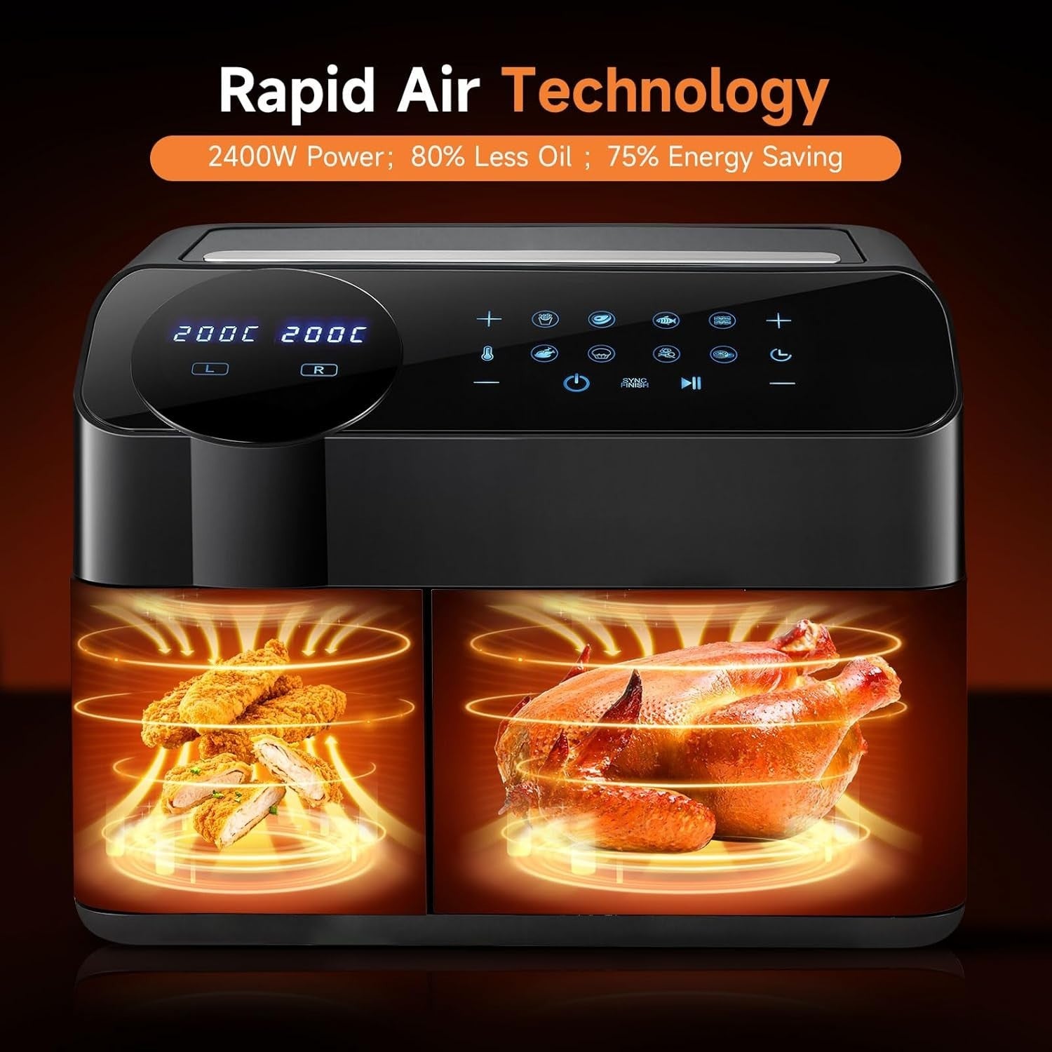 Dual Zone Air Fryer 9.5L | 2 Drawers, Visual Window, 8 - in - 1, RapidAir, 2400W - Kwikley