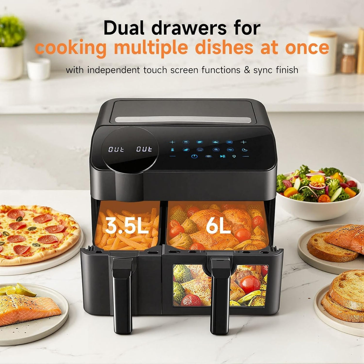 Dual Zone Air Fryer 9.5L | 2 Drawers, Visual Window, 8 - in - 1, RapidAir, 2400W - Kwikley