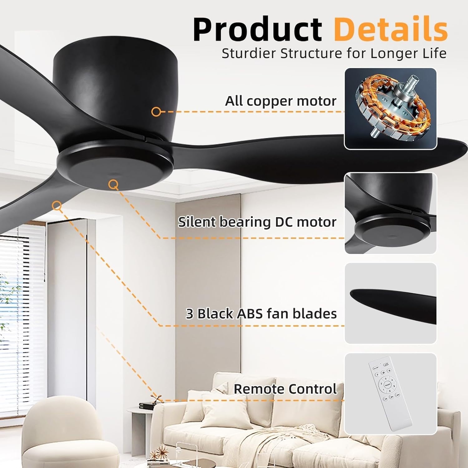 Duclsaty 42" Ceiling Fan with Remote, 6 - Speed, Reversible DC Motor, Quiet - Kwikley