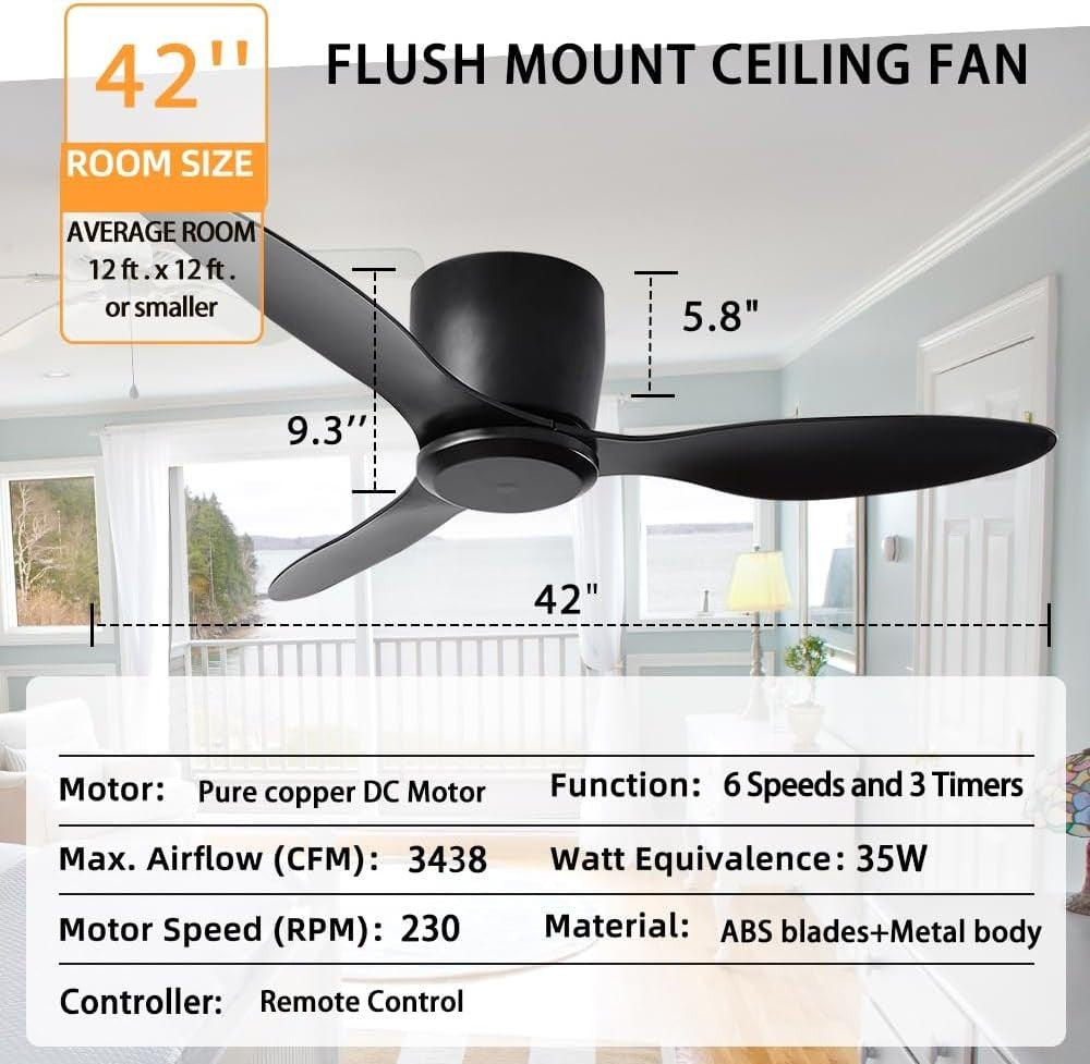Duclsaty 42" Ceiling Fan with Remote, 6 - Speed, Reversible DC Motor, Quiet - Kwikley