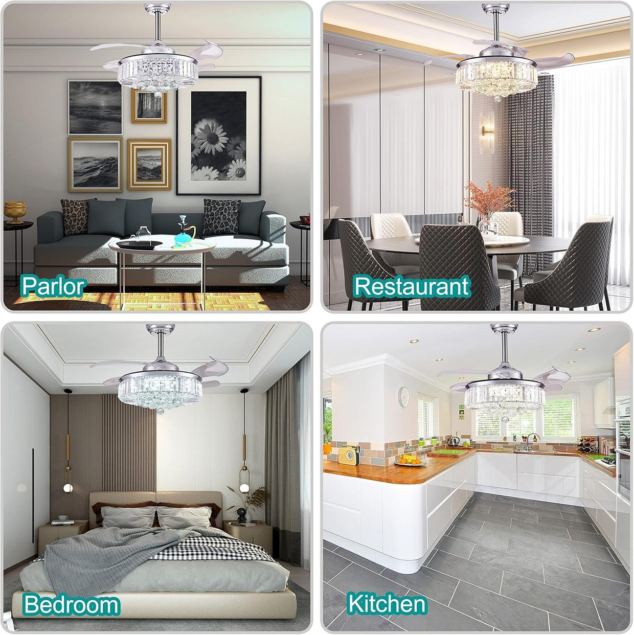 DuMaiWay 36" Retractable Ceiling Fan with Light, Crystal, 6 - Speed, Remote - Kwikley