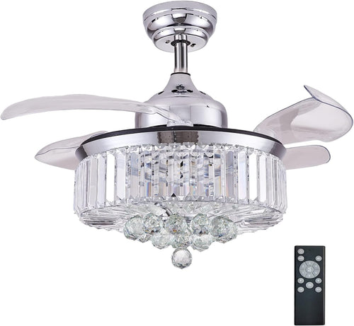 DuMaiWay 36" Retractable Ceiling Fan with Light, Crystal, 6 - Speed, Remote - Kwikley