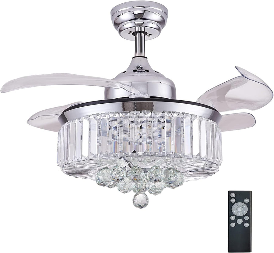 DuMaiWay 36" Retractable Ceiling Fan with Light, Crystal, 6 - Speed, Remote - Kwikley