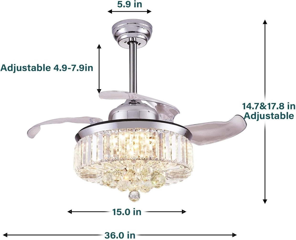 DuMaiWay 36" Retractable Ceiling Fan with Light, Crystal, 6 - Speed, Remote - Kwikley