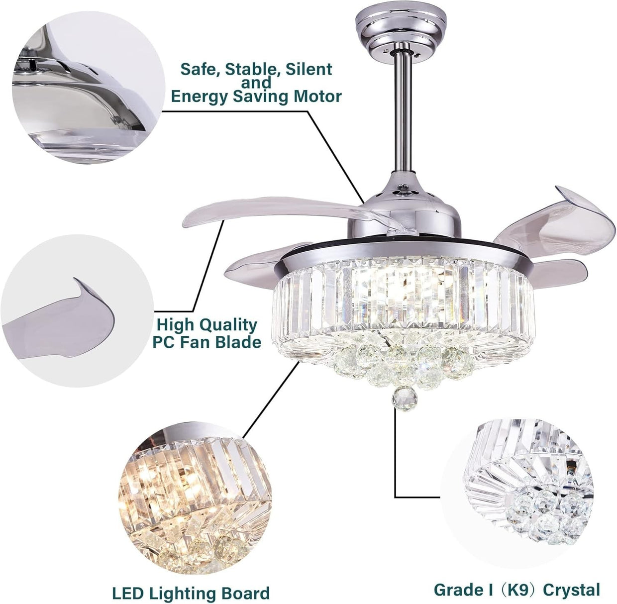 DuMaiWay 36" Retractable Ceiling Fan with Light, Crystal, 6 - Speed, Remote - Kwikley