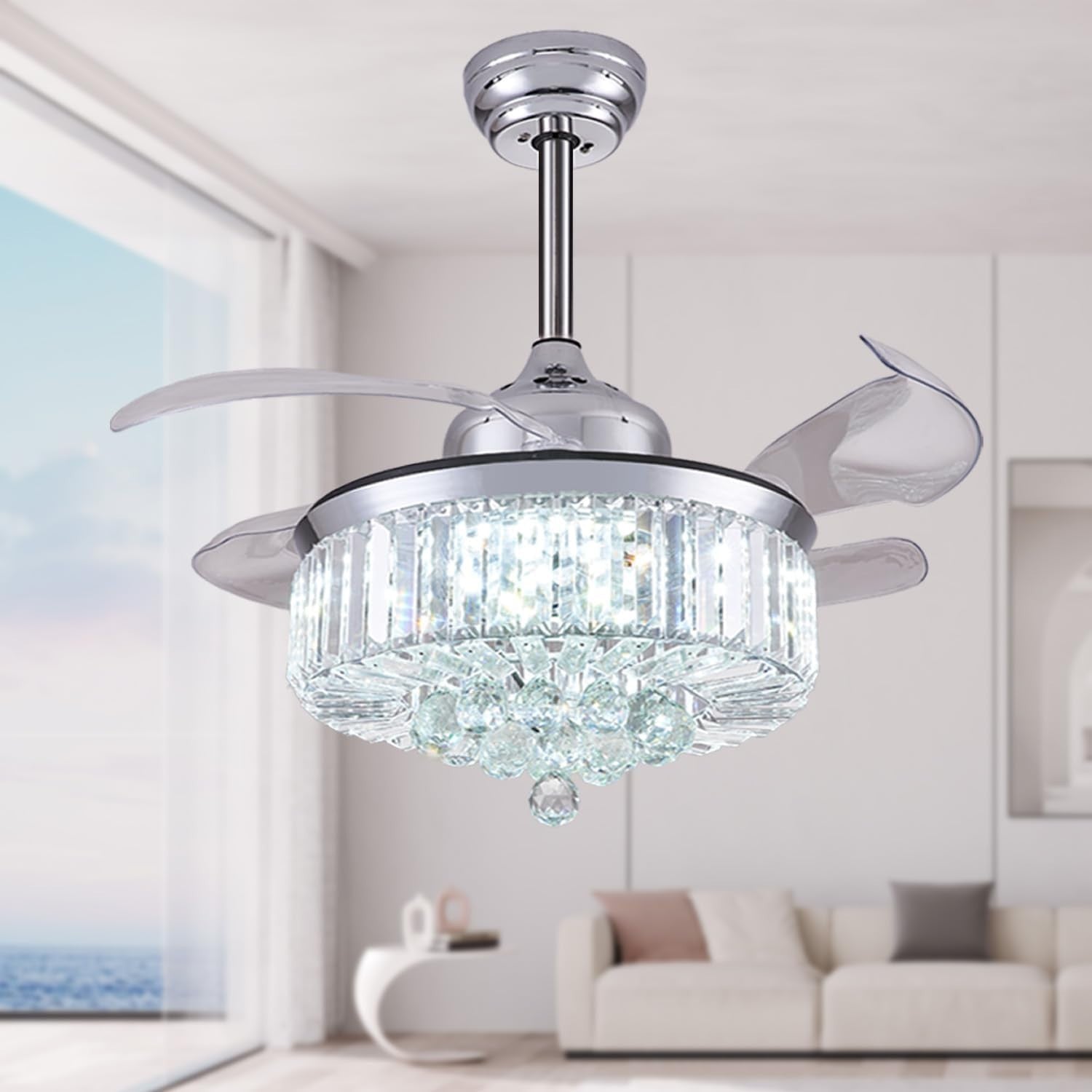 DuMaiWay 36" Retractable Ceiling Fan with Light, Crystal, 6 - Speed, Remote - Kwikley