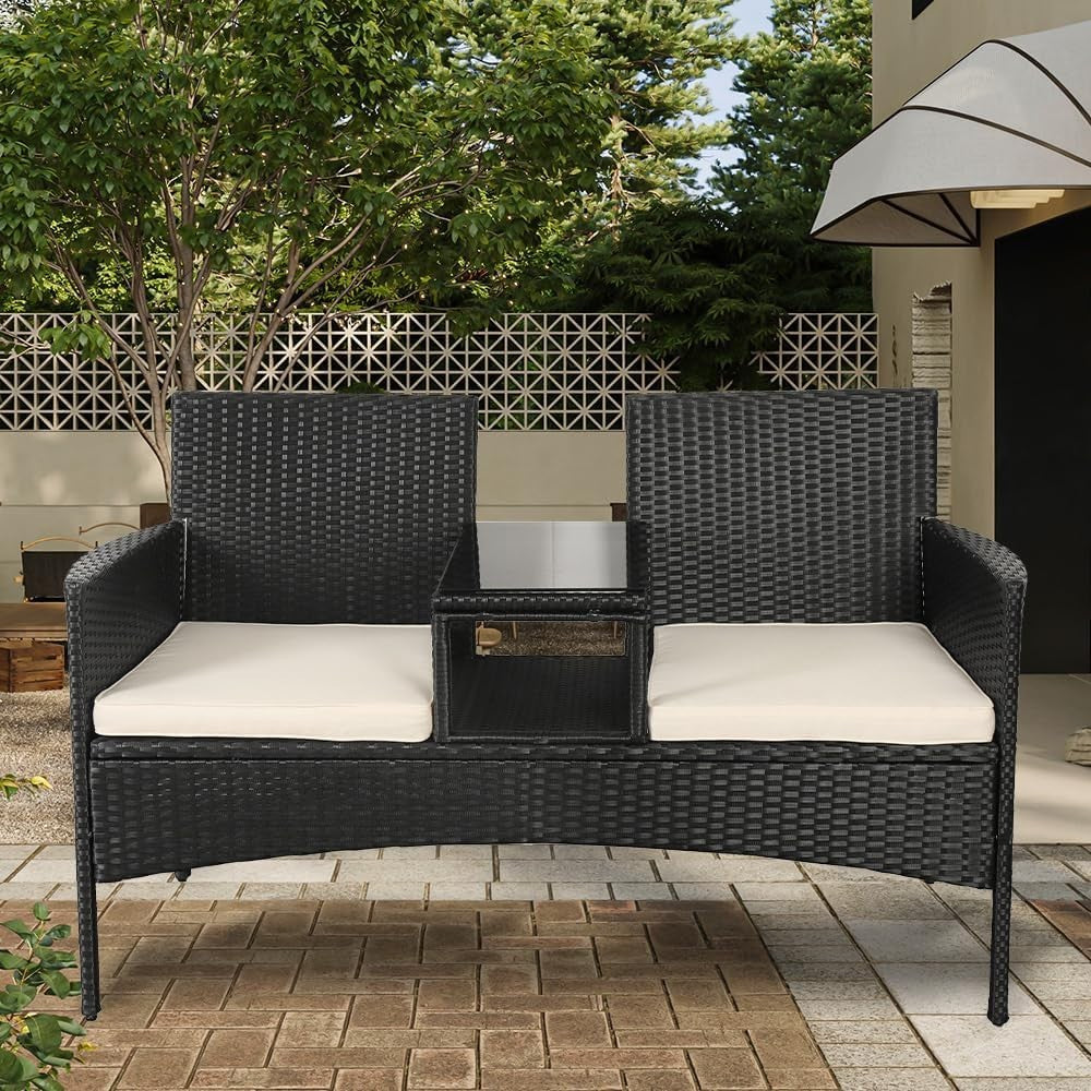 Durable 2 - Seater Rattan Loveseat with Built - In Glass Table & Cushions Outdoor - Kwikley