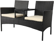 Durable 2 - Seater Rattan Loveseat with Built - In Glass Table & Cushions Outdoor - Kwikley