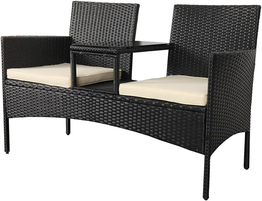 Durable 2 - Seater Rattan Loveseat with Built - In Glass Table & Cushions Outdoor - Kwikley