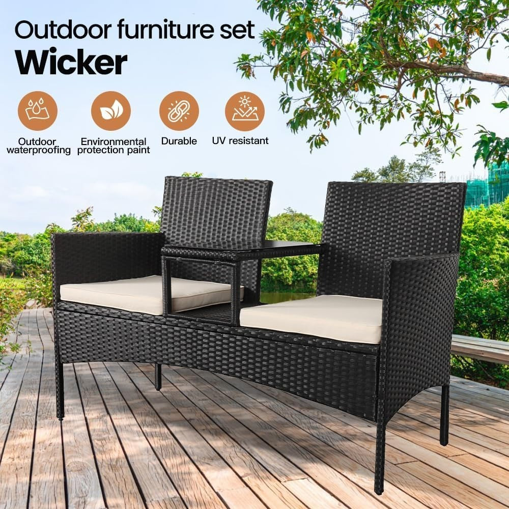 Durable 2 - Seater Rattan Loveseat with Built - In Glass Table & Cushions Outdoor - Kwikley