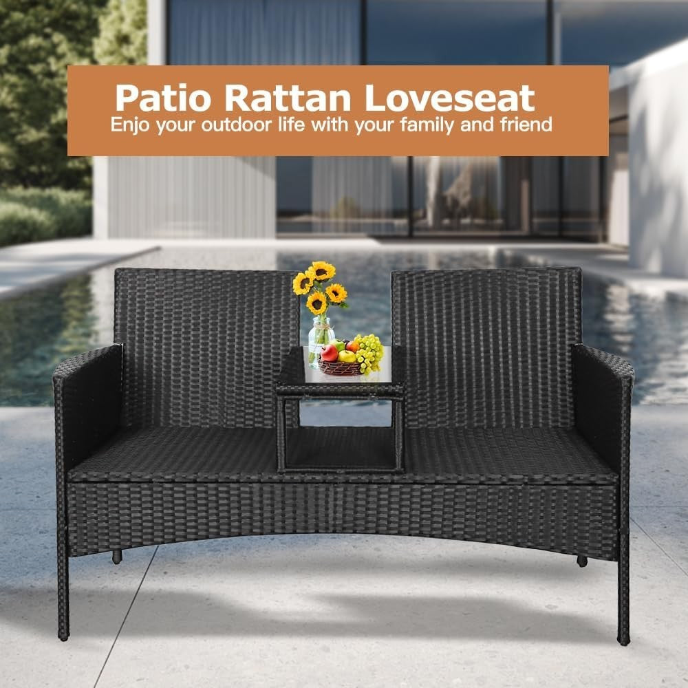 Durable 2 - Seater Rattan Loveseat with Built - In Glass Table & Cushions Outdoor - Kwikley