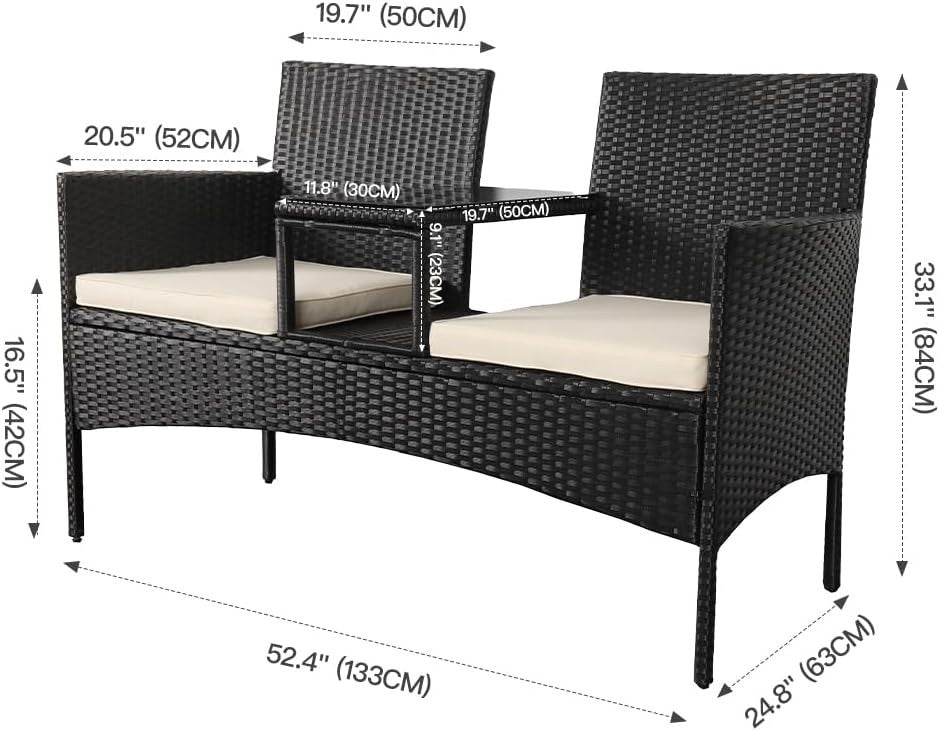 Durable 2 - Seater Rattan Loveseat with Built - In Glass Table & Cushions Outdoor - Kwikley
