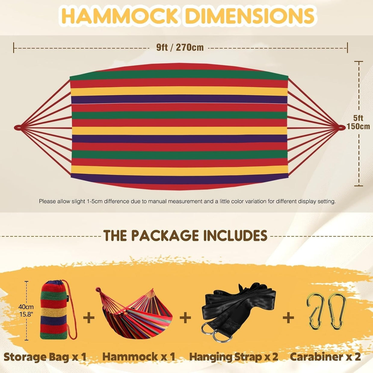 Durable Cotton Camping Hammock with Tree Straps & Travel Bag, 250kg Load - Kwikley