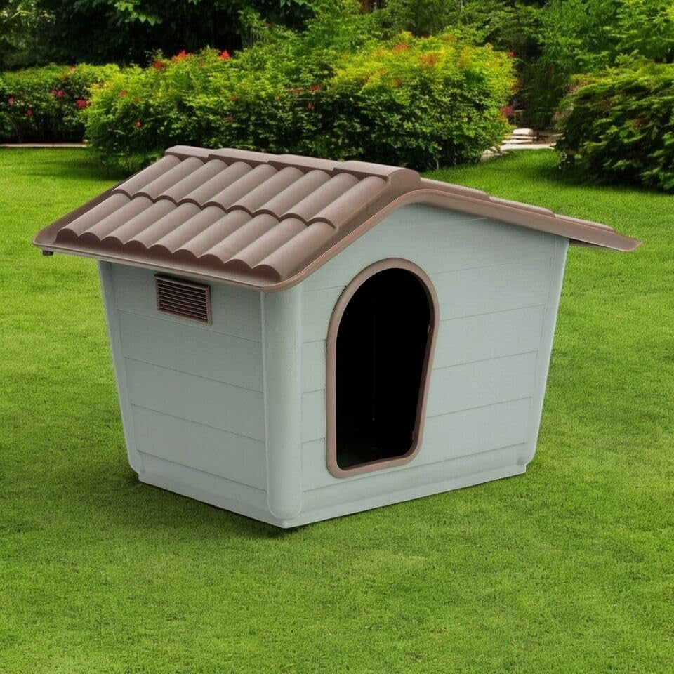 Durable Plastic Dog House Weatherproof Gabled Roof Pet Kennel Small Medium - Kwikley