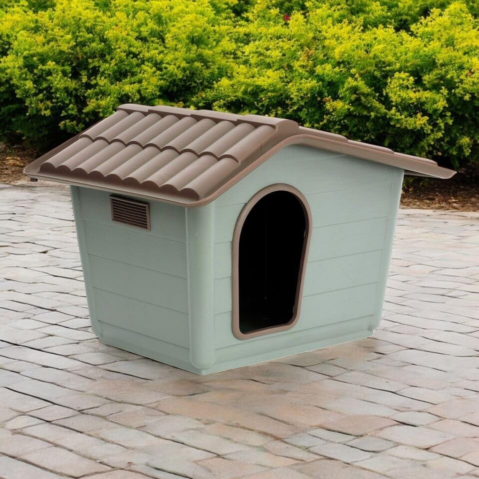 Durable Plastic Dog House Weatherproof Gabled Roof Pet Kennel Small Medium - Kwikley