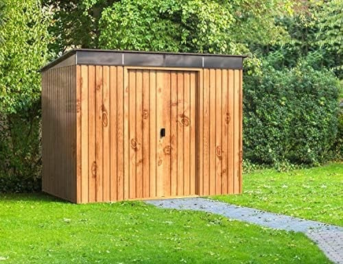 Duramax 8x6 Pent Roof Skylight Garden Shed Woodgrain Metal Outdoor Storage - Kwikley