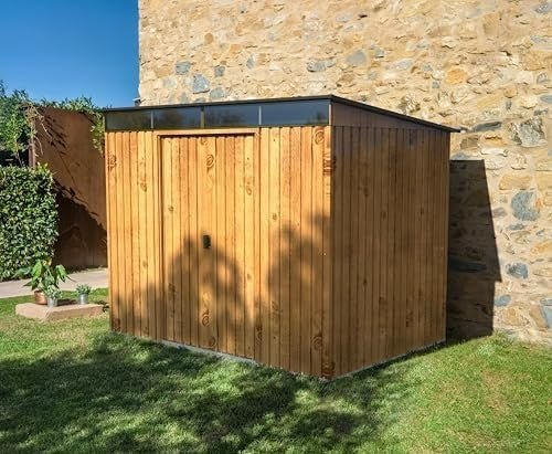 Duramax 8x6 Pent Roof Skylight Garden Shed Woodgrain Metal Outdoor Storage - Kwikley