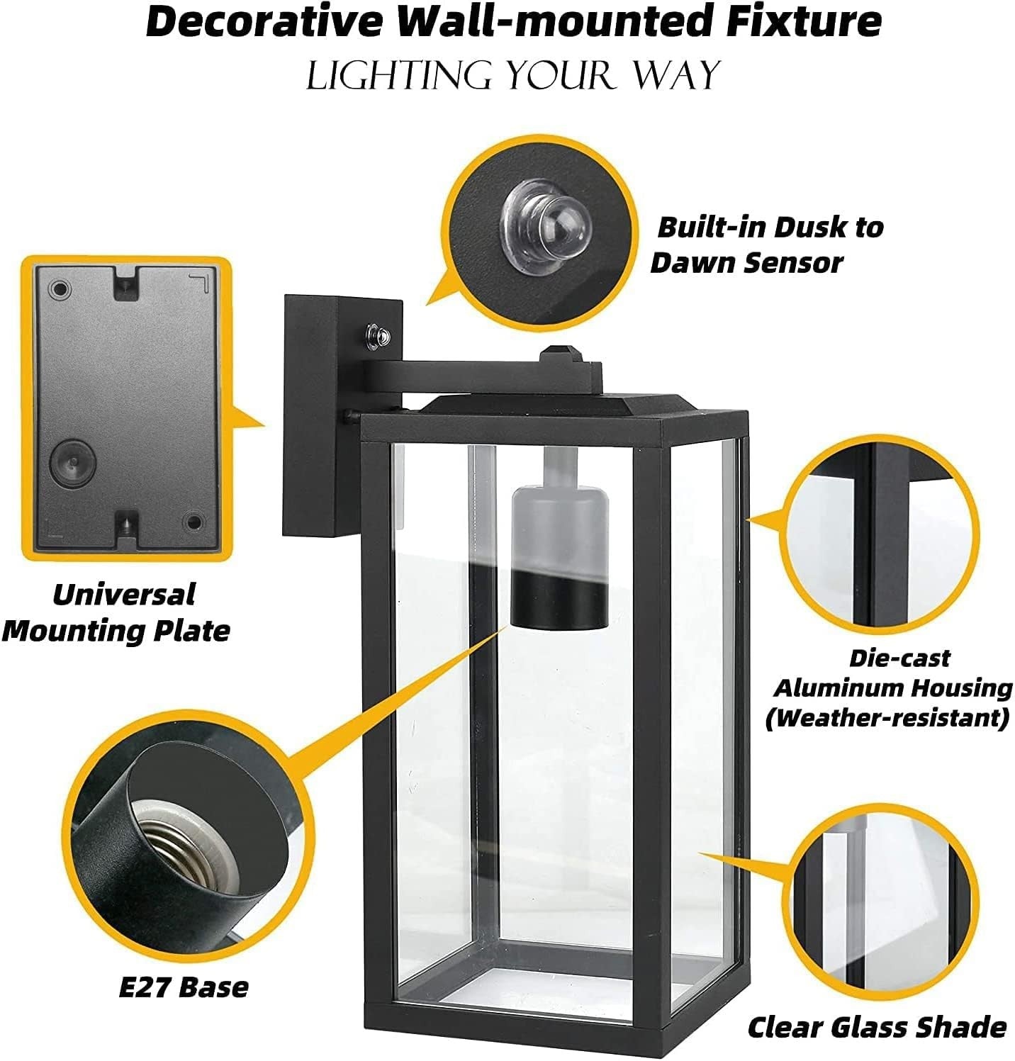 Dusk to Dawn Outdoor Wall Light Black Aluminum Lantern IP44 - Kwikley