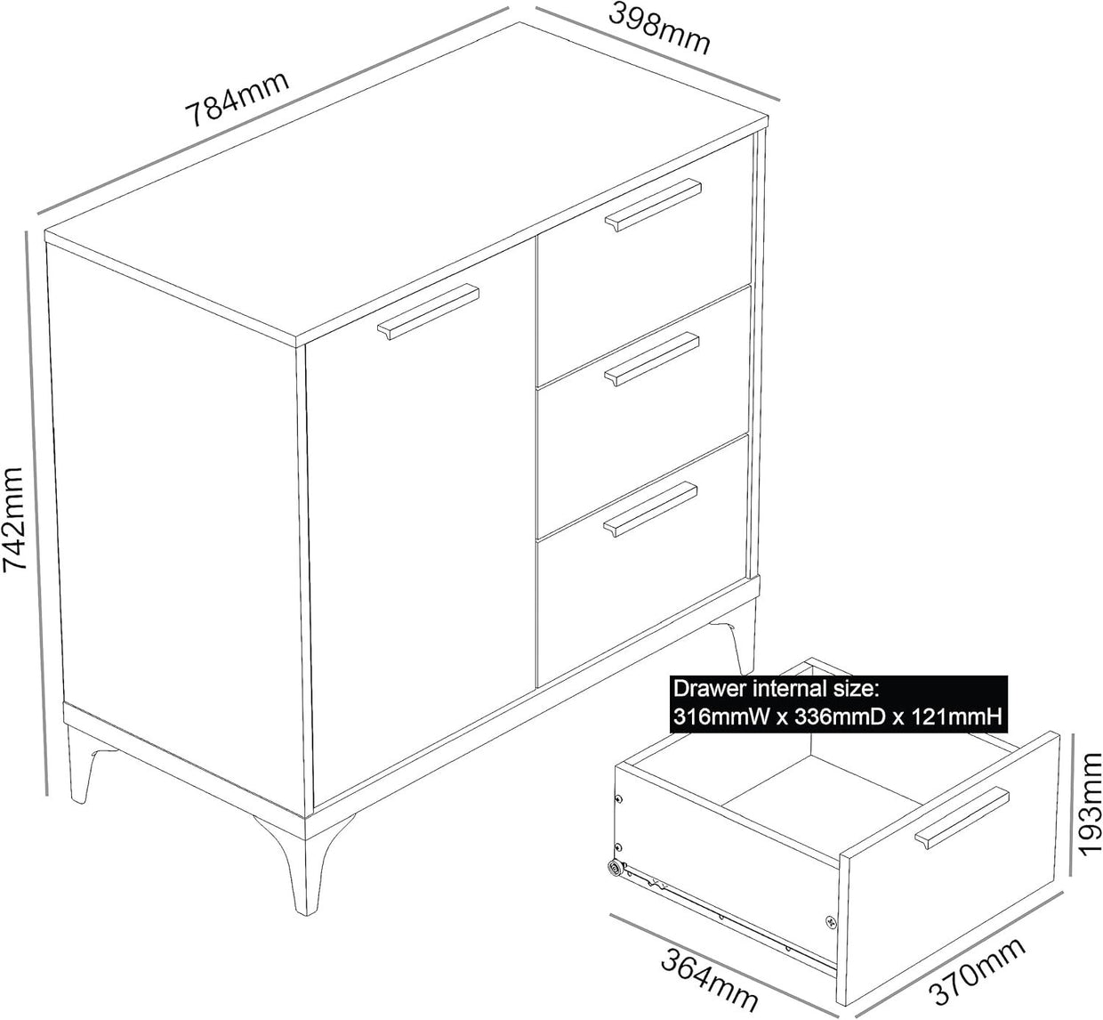 Dusty Grey Oak Sideboard Storage Cabinet 1 Door 3 Drawer Adjustable Shelf Unit - Kwikley