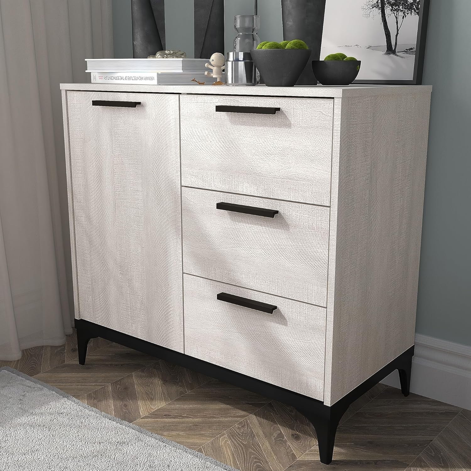 Dusty Grey Oak Sideboard Storage Cabinet 1 Door 3 Drawer Adjustable Shelf Unit - Kwikley