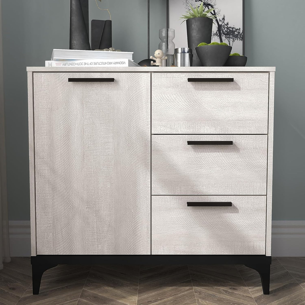 Dusty Grey Oak Sideboard Storage Cabinet 1 Door 3 Drawer Adjustable Shelf Unit - Kwikley