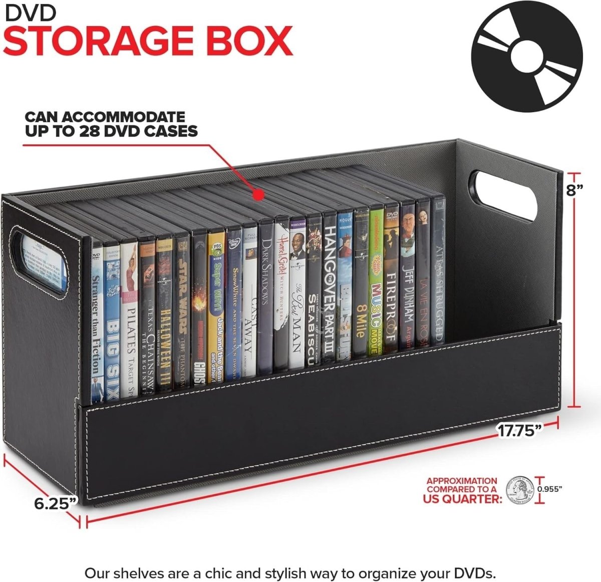 DVD Storage Box Organizer Holds 28 Cases Faux Leather Stackable - Kwikley
