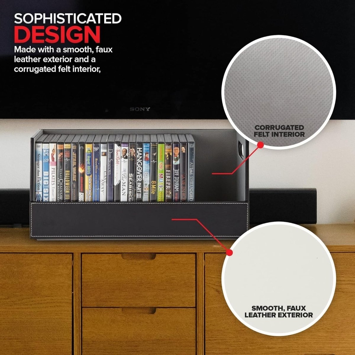 DVD Storage Box Organizer Holds 28 Cases Faux Leather Stackable - Kwikley
