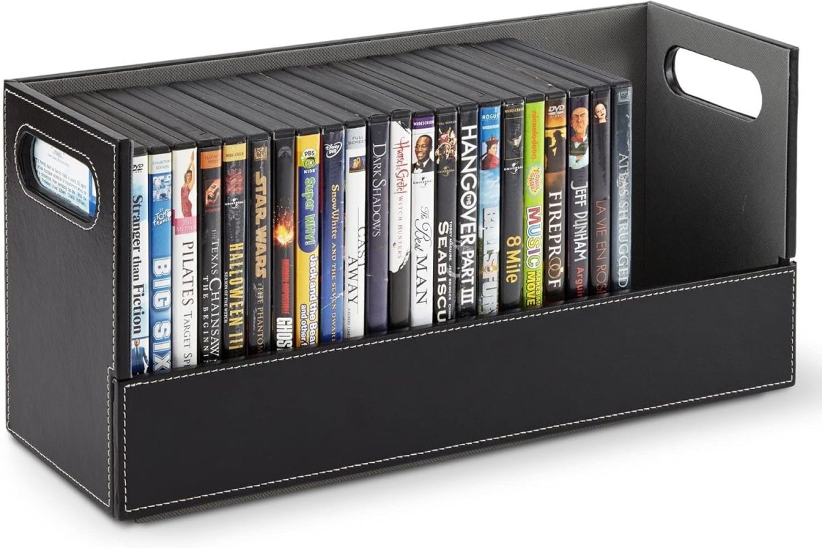 DVD Storage Box Organizer Holds 28 Cases Faux Leather Stackable - Kwikley
