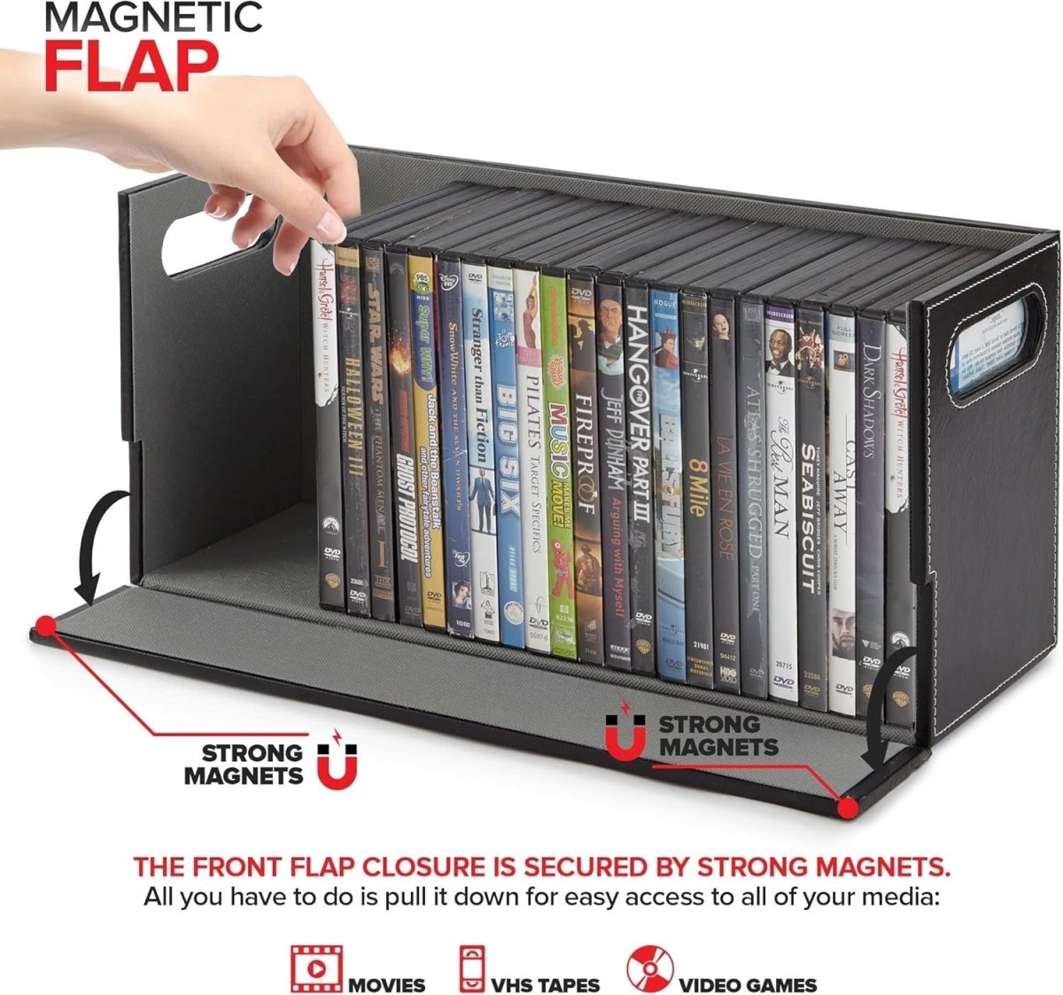 DVD Storage Box Organizer Holds 28 Cases Faux Leather Stackable - Kwikley