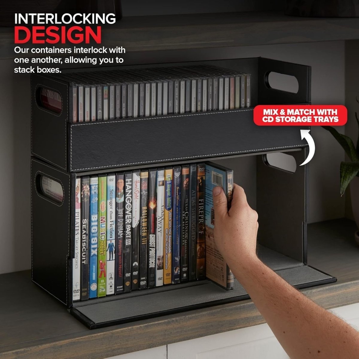 DVD Storage Box Organizer Holds 28 Cases Faux Leather Stackable - Kwikley