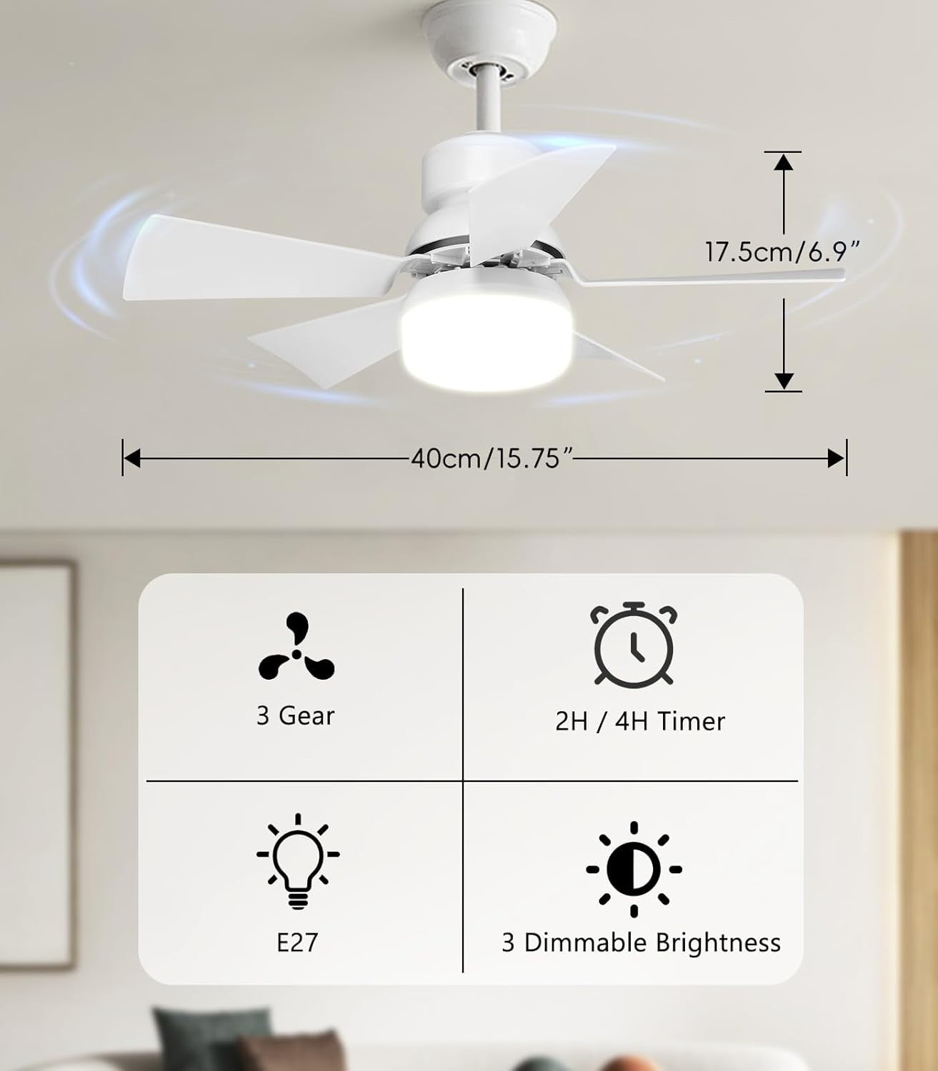 E27 Ceiling Fan Light, 40W, Dimmable, 3 Speed, Remote Control, Quiet, Timer - Kwikley