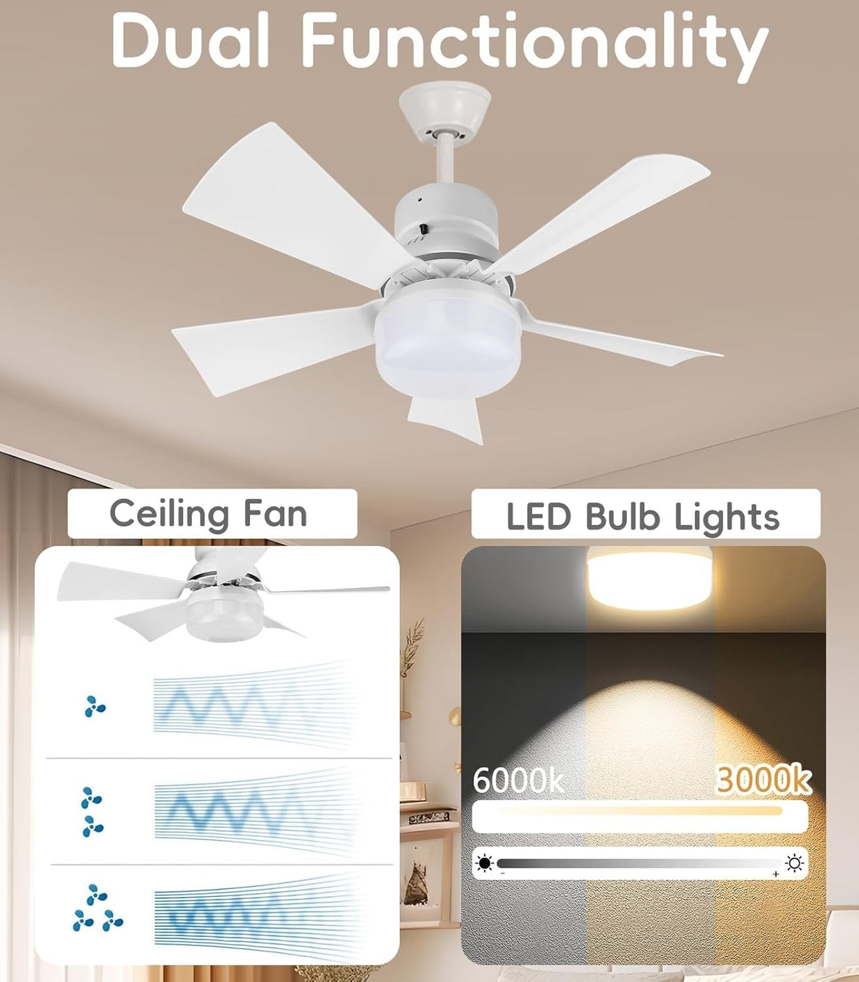 E27 Ceiling Fan Light, 40W, Dimmable, 3 Speed, Remote Control, Quiet, Timer - Kwikley
