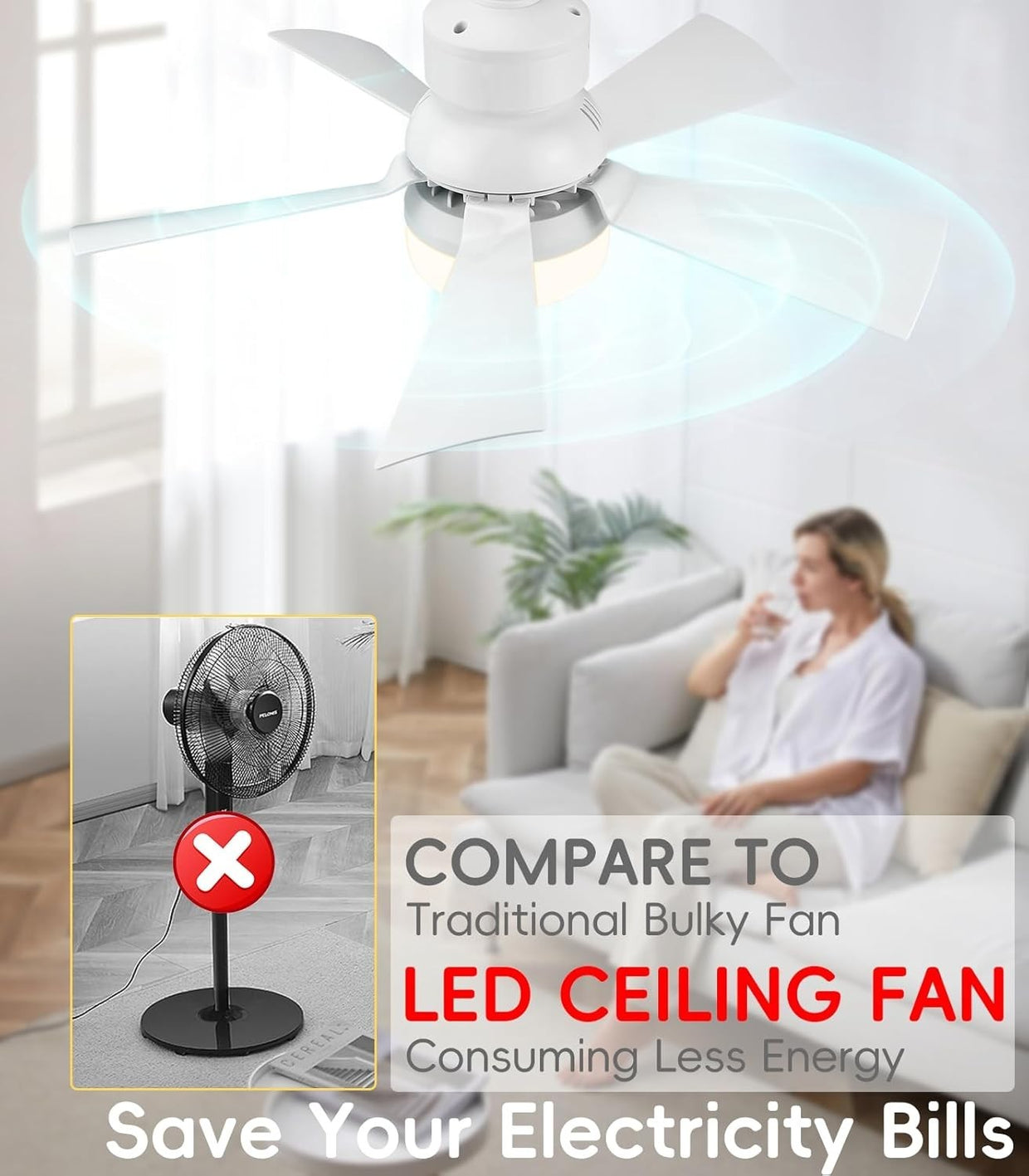 E27 Ceiling Fan Light, 40W, Dimmable, 3 Speed, Remote Control, Quiet, Timer - Kwikley