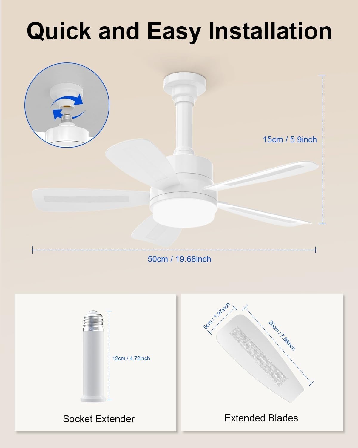 E27 Ceiling Fan Light 50cm, Dimmable LED 2000LM, 6 Speeds, Quiet Remote Control - Kwikley
