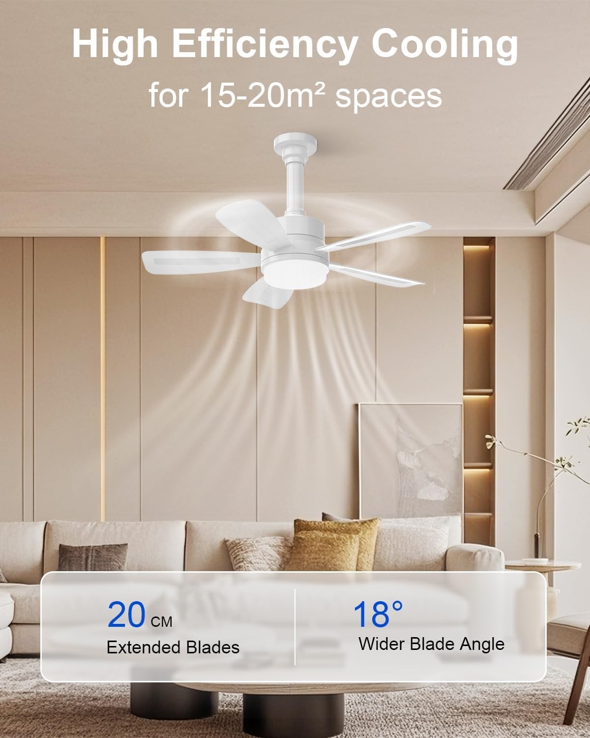 E27 Ceiling Fan Light 50cm, Dimmable LED 2000LM, 6 Speeds, Quiet Remote Control - Kwikley