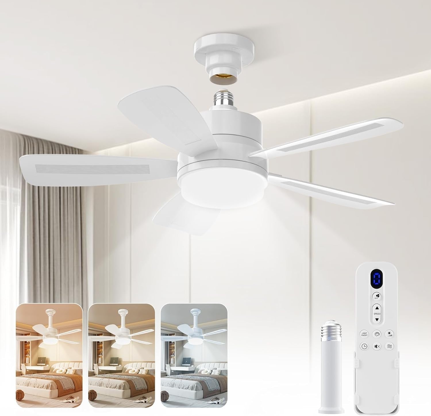 E27 Ceiling Fan Light 50cm, Dimmable LED 2000LM, 6 Speeds, Quiet Remote Control - Kwikley