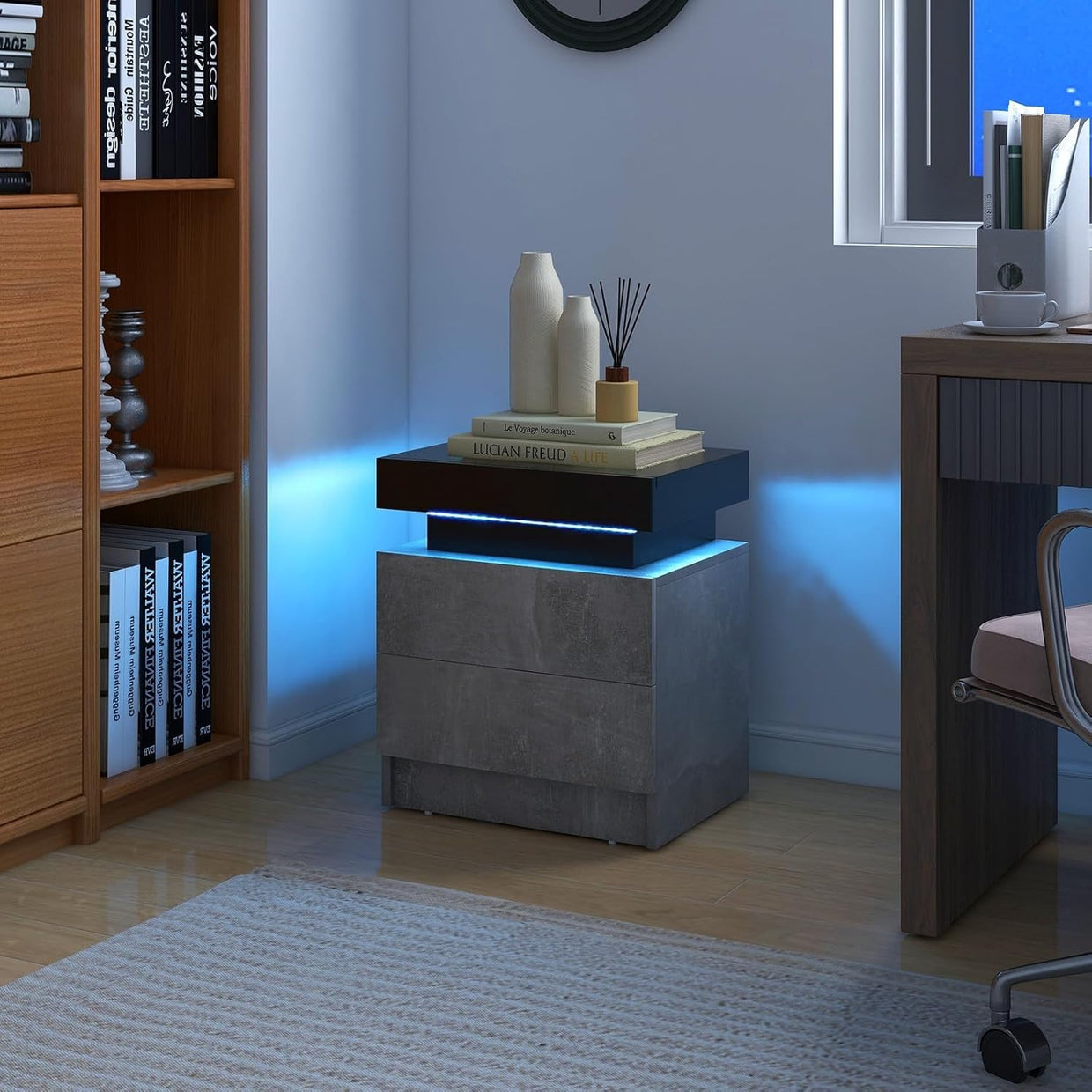ED Bedside Table with 2 Drawers, Modern High Gloss Nightstand with RGB Lights - Kwikley