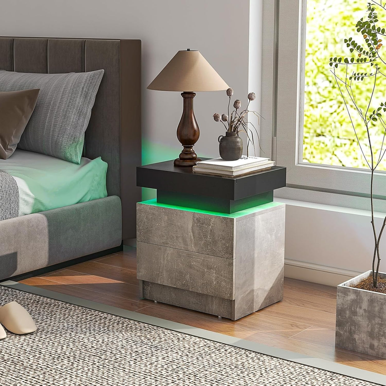 ED Bedside Table with 2 Drawers, Modern High Gloss Nightstand with RGB Lights - Kwikley