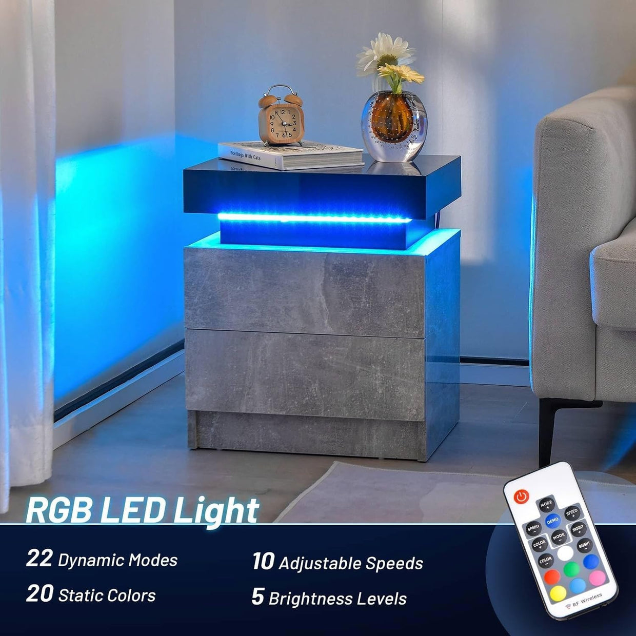 ED Bedside Table with 2 Drawers, Modern High Gloss Nightstand with RGB Lights - Kwikley